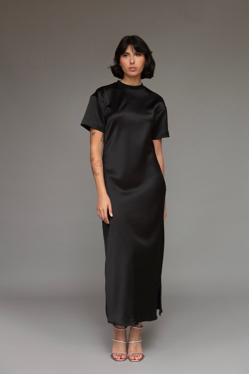 Julia Satin Midi Dress in Black