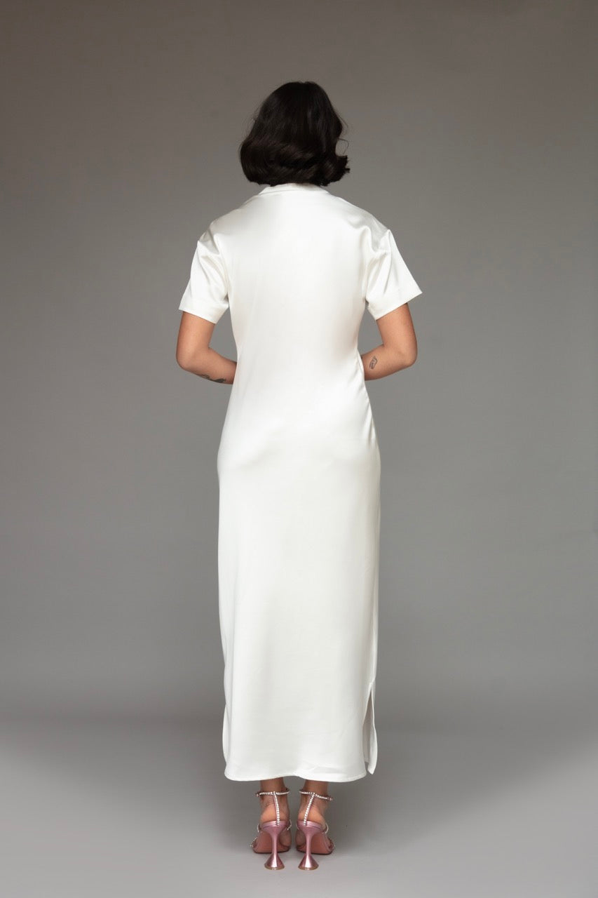 Julia Satin Midi Dress in Pearl White