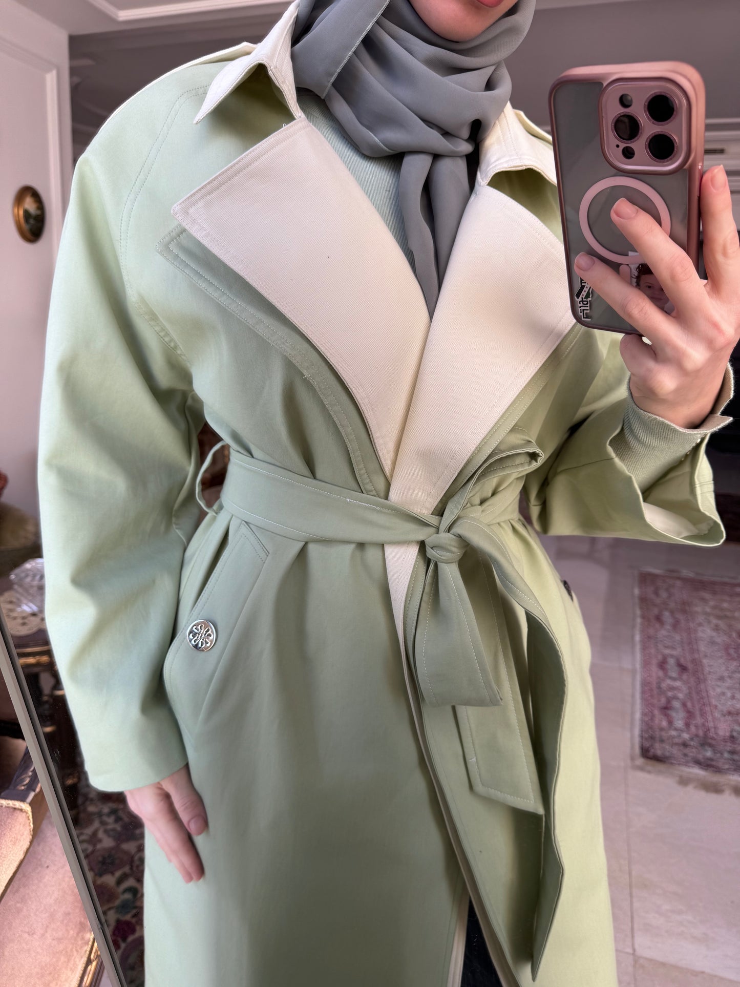 Dalia Trenchcoat in Mint Green & Butter Yellow