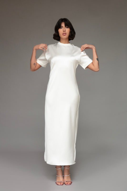 Julia Satin Midi Dress in Pearl White