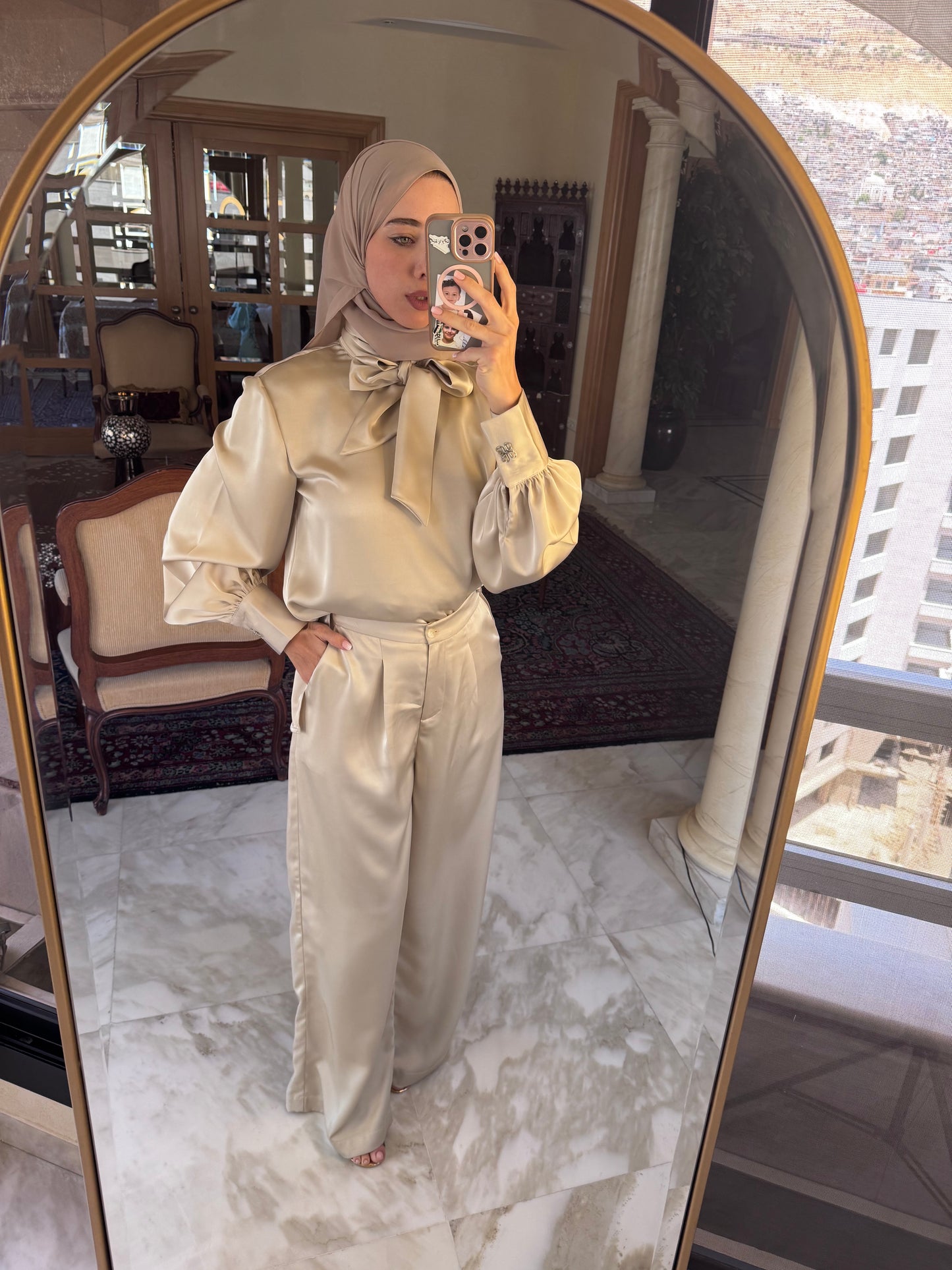 Salwa Satin Set in Champagne beige