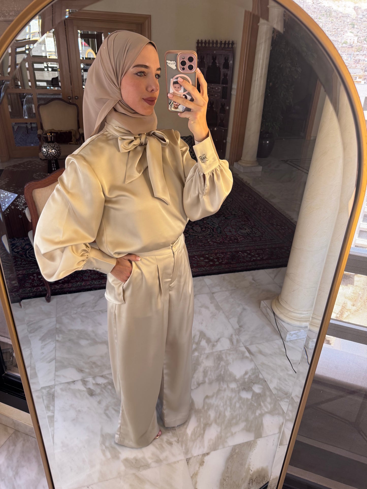 Salwa Satin Set in Champagne beige